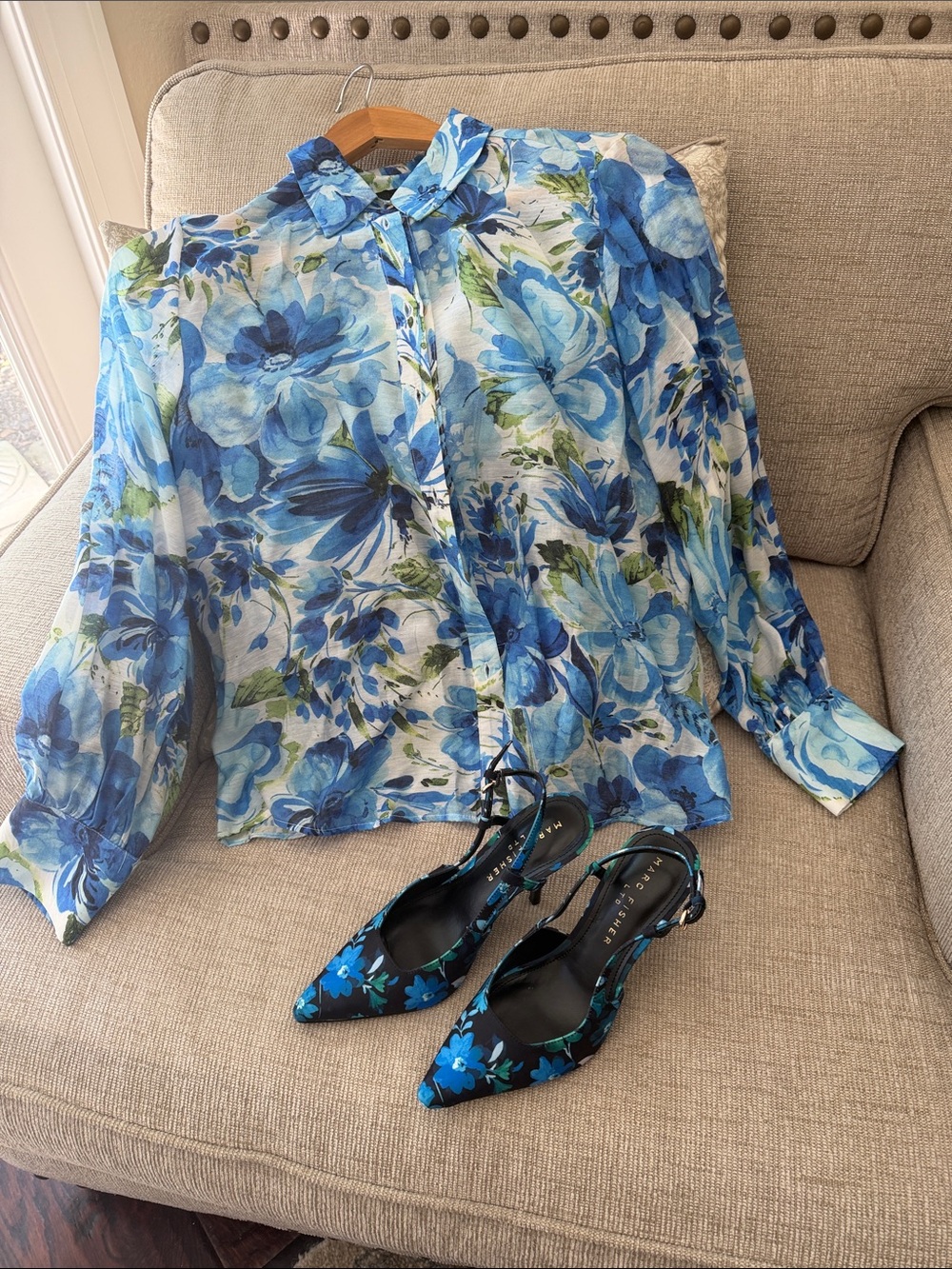 Marc Fisher Blue Floral Slingback Heels